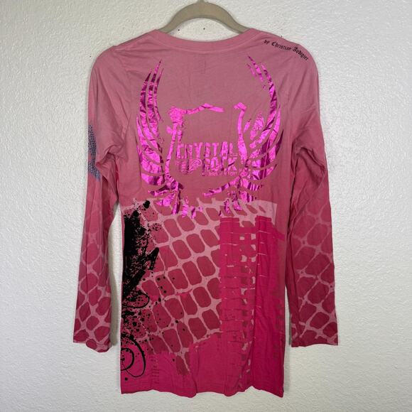 Christian Audigier Crystal Rock Y2K Shirt Women Large Rocker Girl Tee Tunic Top - Picture 2 of 13